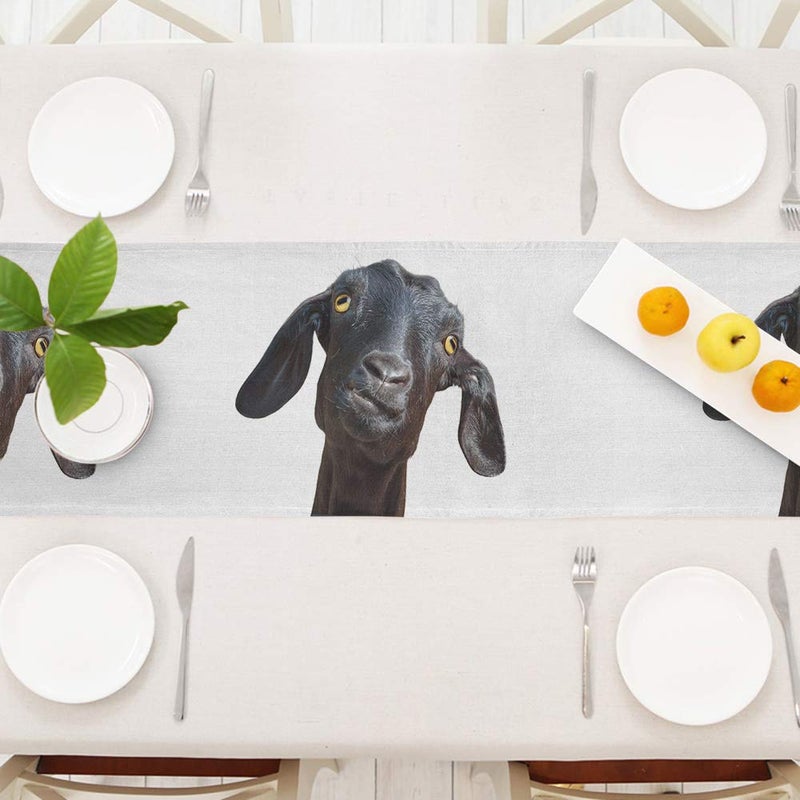 Moslion Black Goat Table Runner Cute Funny Animal Port Up Humorous Face Head Yellow Eyes Decoration Table Runner for Kitchen Dining Wedding Banquet Party Cotton Linen 14x72 Inch - Image 3